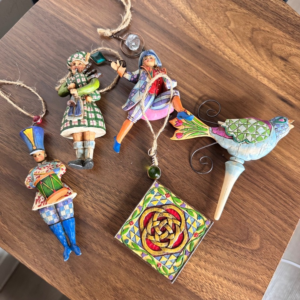 Jim shoreLot of 5 Folk Art Christmas Ornaments Drummer Bagpiper Dancer Bird